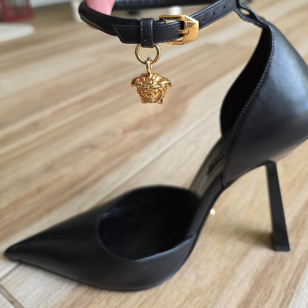 Versace D'Orsay Black Leather Medallion Medusa Charm Strap Stiletto Shoe Eur.38